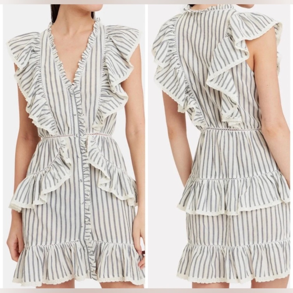 LoveShackFancy India Striped Voile Dress Cotton Striped buttons Ruffles Size 0